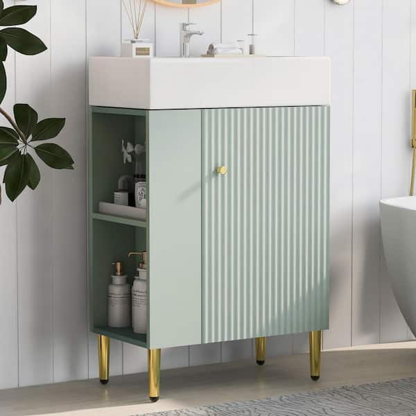 FAMYYT 21.6 in. Single Sink Freestanding Green Bath Vanity with White Ceramic Top and Left Side Storage Unassembled