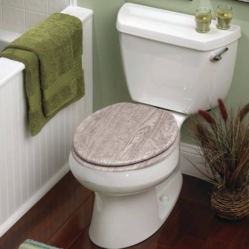 Elongated Gray Distressed Wood Veneer Toilet Seat with Chrome Hinges