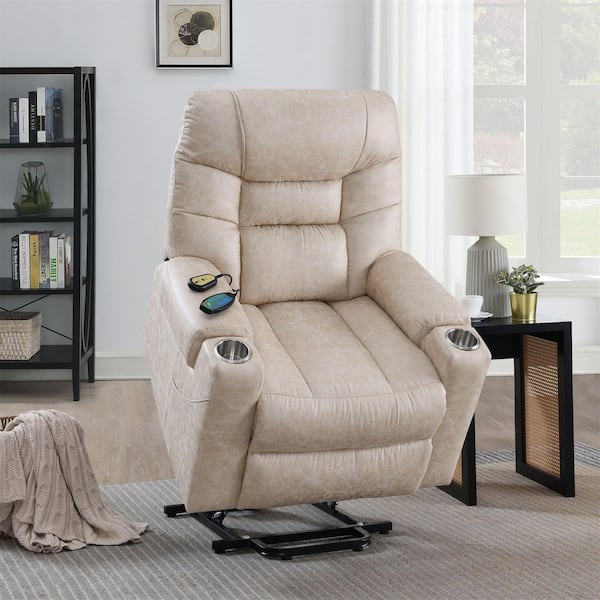 Beige Faux Leather Power Motion Recliner Chiar with Lift, Heating and Massage, 2-Cup Holders