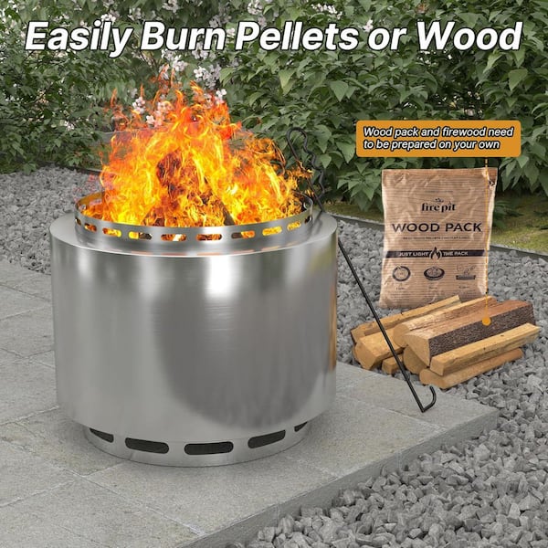 19 in. x 15.5 in. Outdoor Stainless Smokeless Silver Wood Burning Fire Pit with Poker and waterproof cover