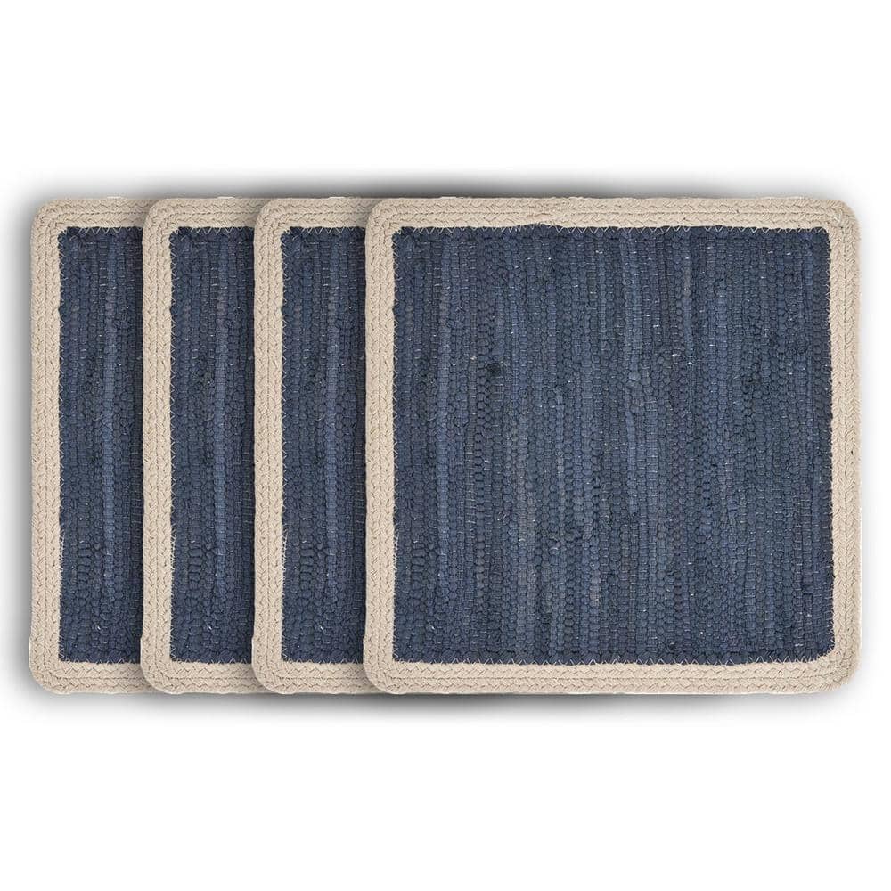 Delicate 15 in. x 15 in. Indigo Blue / Cream Bordered Square Cotton Placema