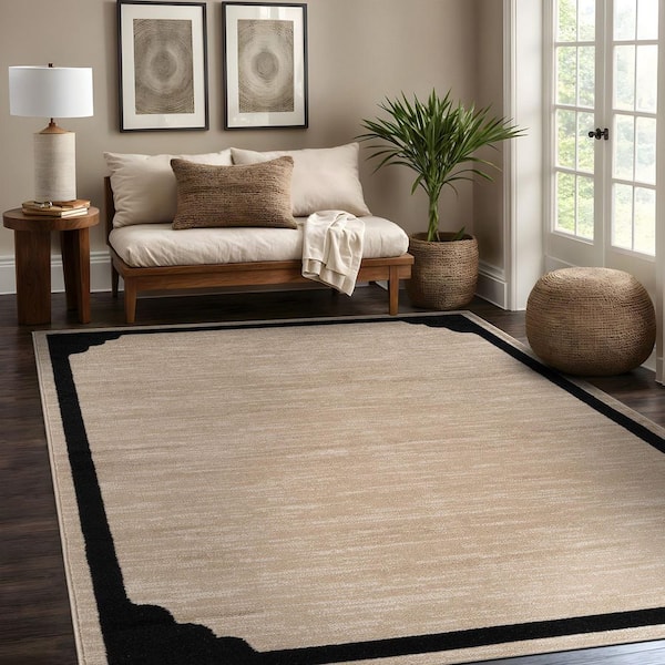 Hera Beige 5x7 ft. Rubber Back Washable Corner Bordered Indoor Outdoor Patio Area Rug