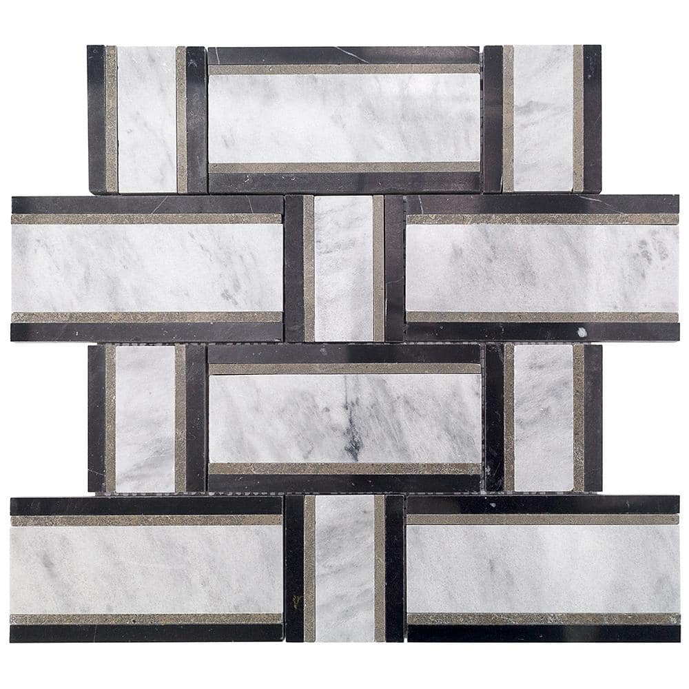 12x12 Green and White Marble Basketweave Mosaic Tile