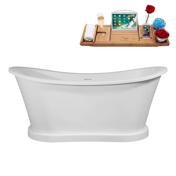 Streamline 66 in. x 29 in. Acrylic Freestanding Soaking Bathtub in Glossy White With Matte Oil Rubbed Bronze Drain, Bamboo Tray