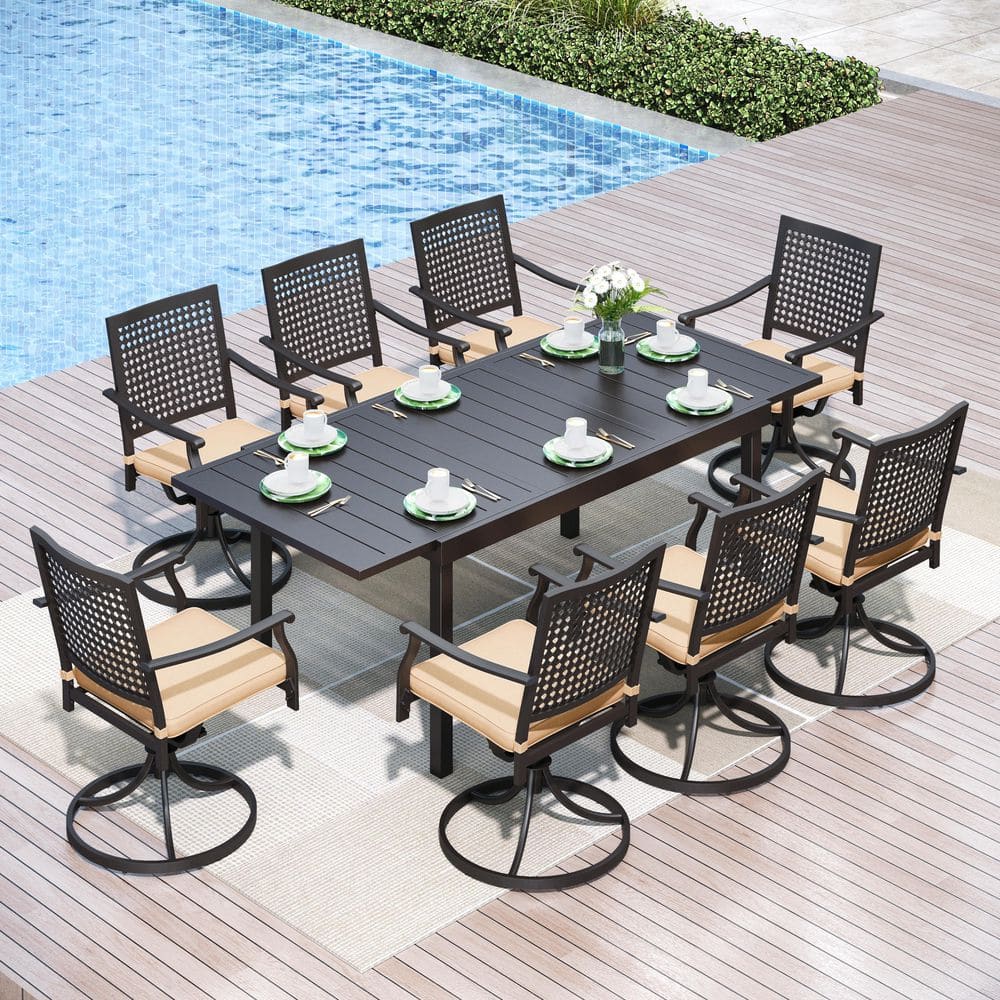 9-Piece Metal Patio Outdoor Dining Set with Extendable Table and Swivel Chairs with Beige Cushions