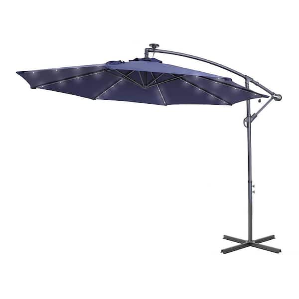 Kadehome 10 ft. Steel Pole Octagon Cantilever Solar LED Lights Patio Umbrella in Navy Blue with Stand and without Base