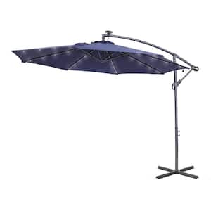 10 ft. Cantilever Solar LED Lights Round Patio Umbrella with Crank in Navy Blue