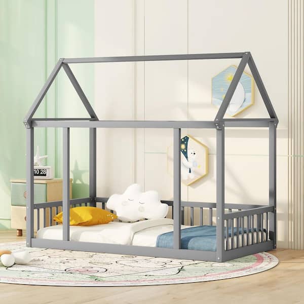 Harper & Bright Designs Gray Wood Frame Twin Size House Floor Bed with Roof, Safety Guardrails, No Slats