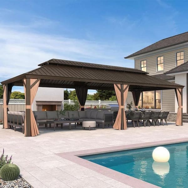 14 ft.x 28 ft.Bronze Aluminum Power-Coated Frame Galvanized Steel Double Roof Hardtop Gazebo,Hooks,Netting,Khaki Curtain