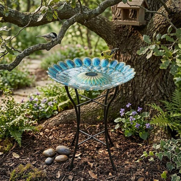 Teamson Home 18 in. Glass Dragonfly Outdoor Fusion Solar Birdbath