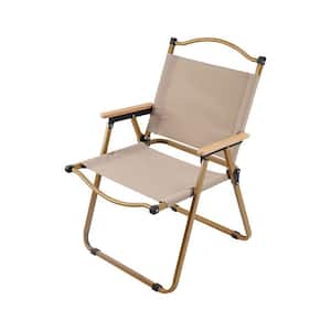 Beige Metal Folding Lawn Chair with U-shaped Legs, Portable Outdoor Arm Chair for Camping, Beach, Garden