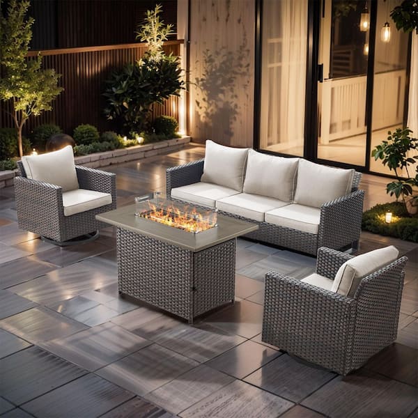 UvaNest Brown 4-Piece Wicker Patio Fire Pit Conversation Set with Beige Cushions, Outdoor Sofa Set with Swivel Glider