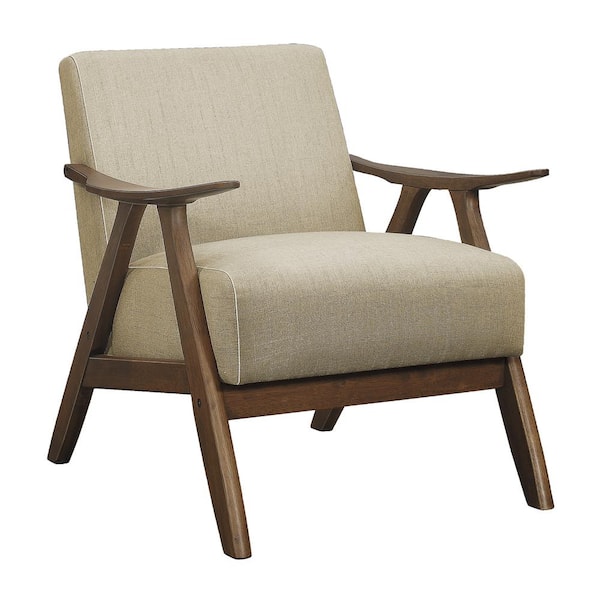 JUJABU Light Brown Wood Fabric Upholstered Accent Chair WIth Cushion Back and Seat