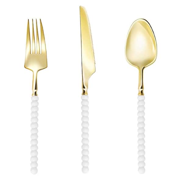120-Piece Gold Disposable Plastic Cutlery Set with White Bead Handles for Party Wedding (Service for 40)