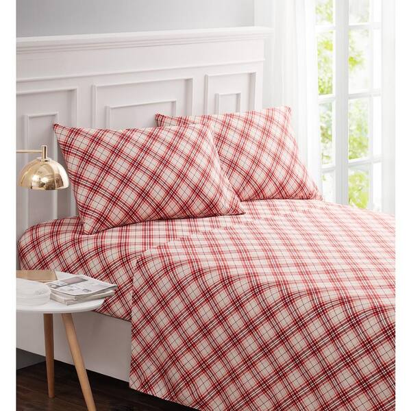 Harper Lane Buffalo Plaid 4-Piece Flannel Sheet Set, Red, Queen, Cotton