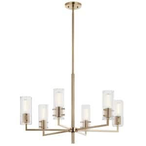 Velestino 30.25 in. 6-Light Champagne Bronze Modern Shaded Cylinder Chandelier for Dining Room