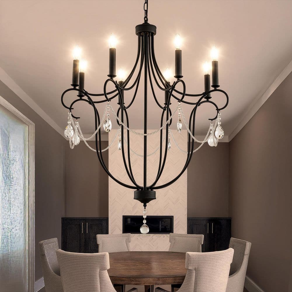 W32 in. 8-Light Black Mid-Century Modern Candelabra Crystal Chandelier Vint