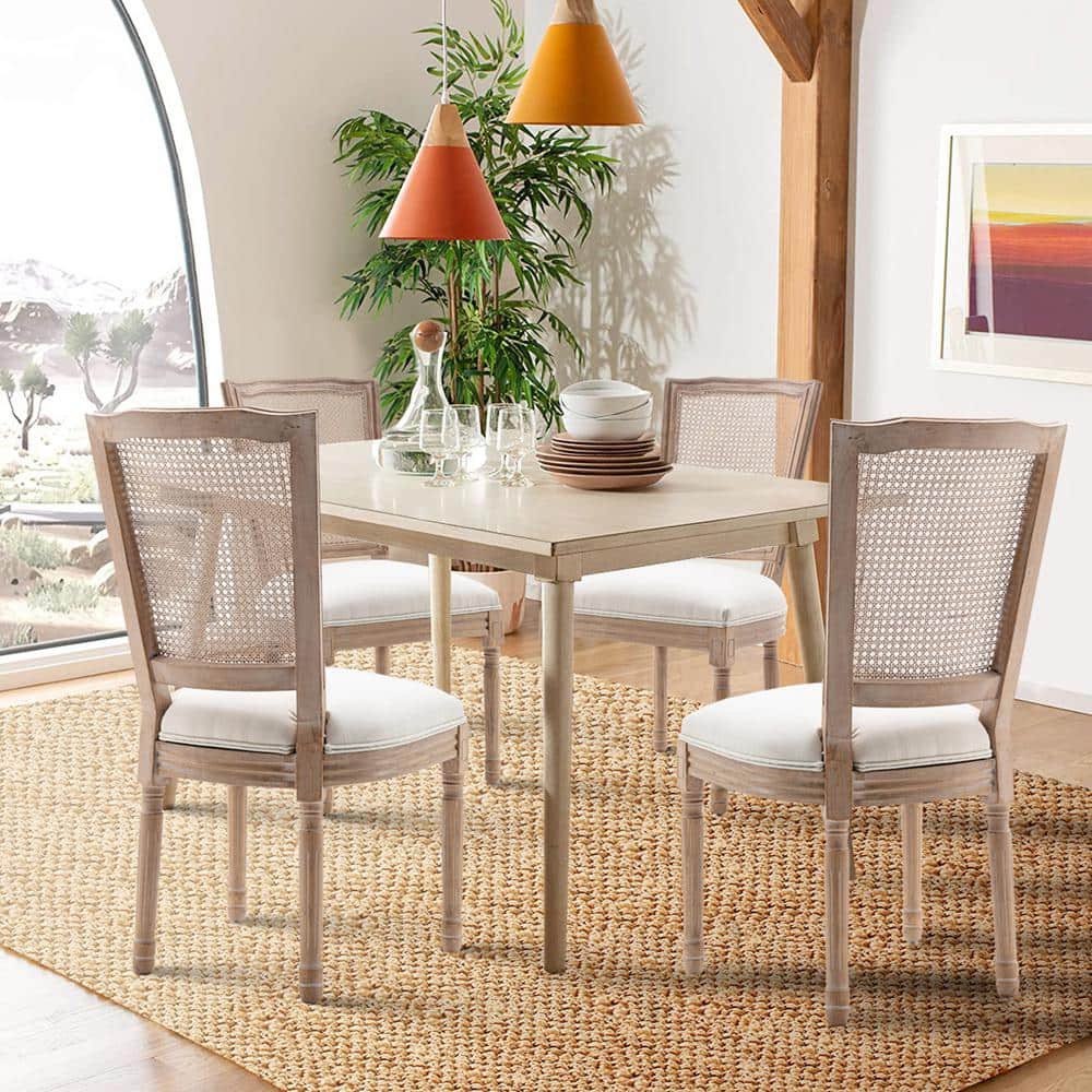 Beige High Back Rattan and Cane Side Chair Set