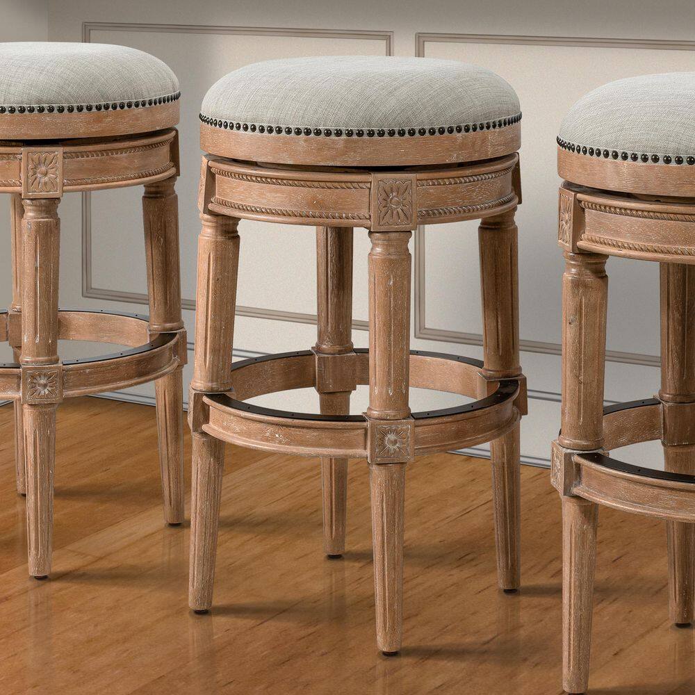 Weathered Natural Oak Backless Swivel Bar Stool with Gray Upholstered Seat