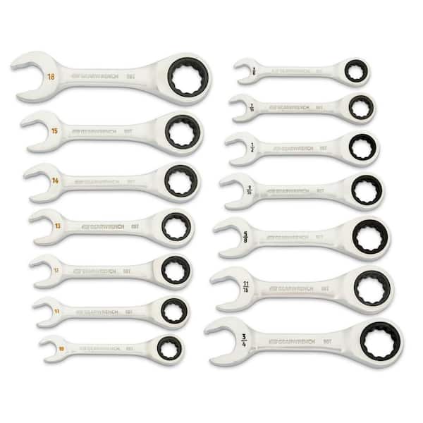 GEARWRENCH 90-Tooth 12 Point SAE/Metric Stubby Ratcheting Combination Wrench Set (14-Piece)