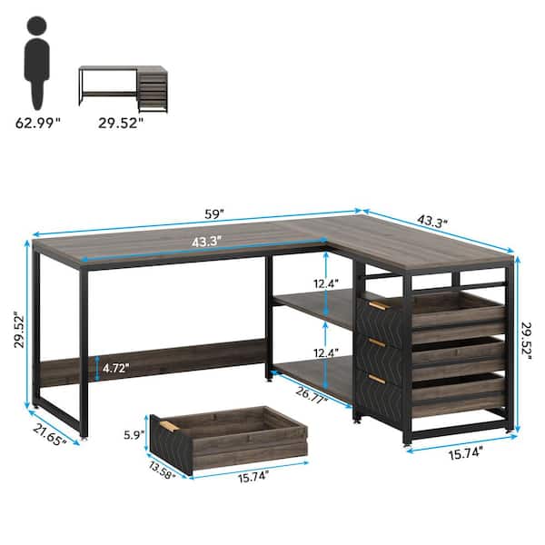 BYBLIGHT Lanita 59 in. L Shaped Gray Wood 4-drawer Computer Desk