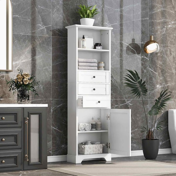 White 67.3 in. H Accent Cabinet, Bathroom Storage Cabinet with 3-Drawers and Adjustable Shelves