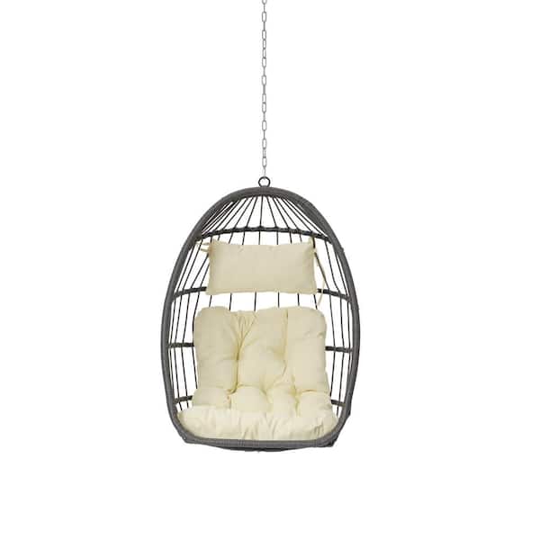 Unbranded UV Resistant Frame Wicker Outdoor Garden Porch Egg Swing Hanging Chair with Beige Cushion