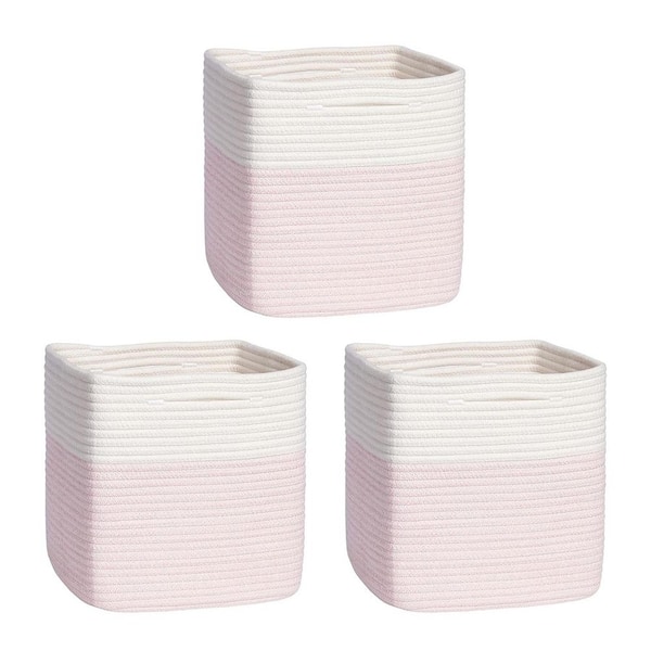Pink 11 in. x 11 in. Cotton Decorative Basket Set of 3 with Handles