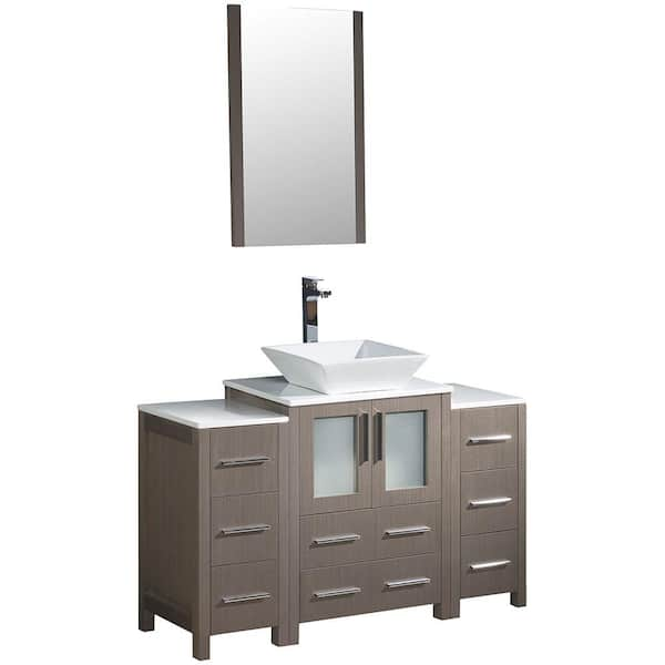 Fresca Torino 48 in. Vanity in Gray Oak with Glass Stone Vanity Top in White with White Basin, Mirror and 2 Side Cabinets