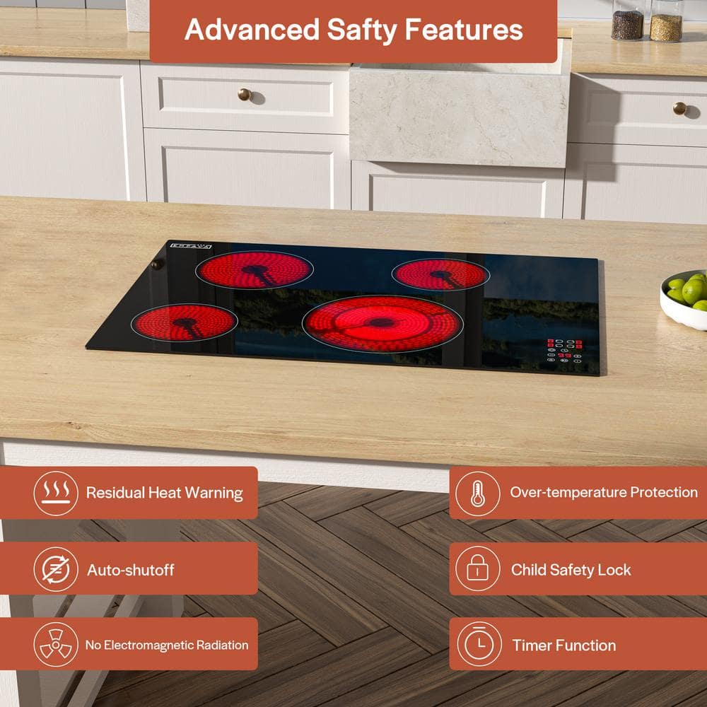 30" Black Glass Electric Cooktop with 4 Radiant Burners