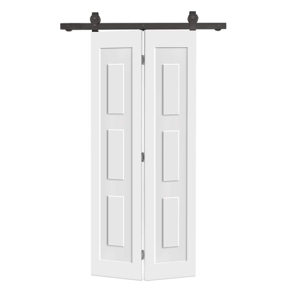 38 in. x 80 in. 3 Panel Shaker Hollow Core White Composite Bi-fold Door with Sliding Barn Door Hardware Kit price history on PriceWatchPro