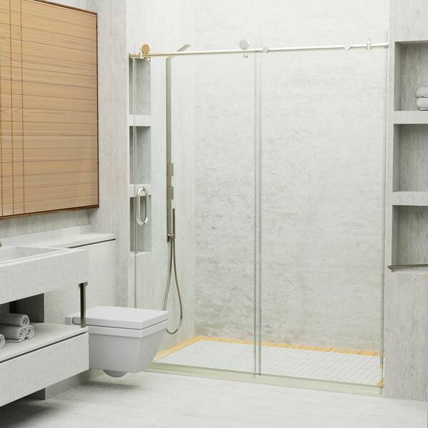 Staykiwi 60 in. W x 76 in. H Sliding Frameless Shower Door in Brushed Nickel Finish with Frosted Glass