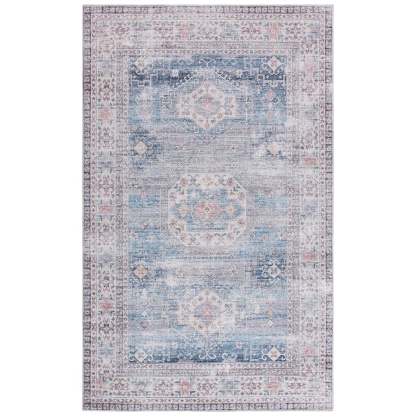 Arizona 3 ft. x 5 ft. Blue/Gray Machine Washable Traditional Medallion Distressed Area Rug