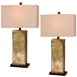 29.5 in. Hammertone Brown Mercury Glass and Antique Brass Metal Pillar Table Lamps