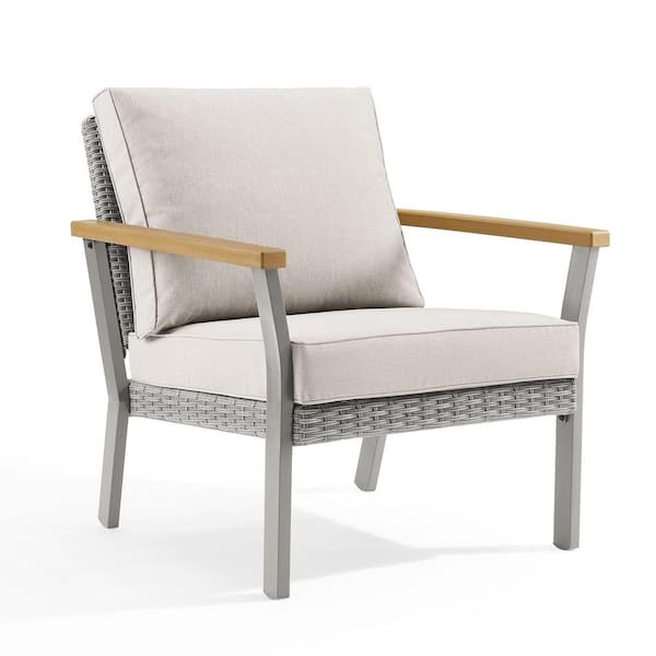 Unbranded Gray Wicker Outdoor Lounge Chair with Beige Cushion (1-Pack)