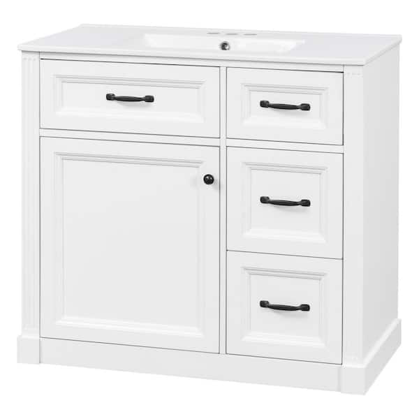 36 in. Single Sink Freestanding White Bath Vanity with White Ceramic Sink Top, Storage Vanity with Soft-Close Door