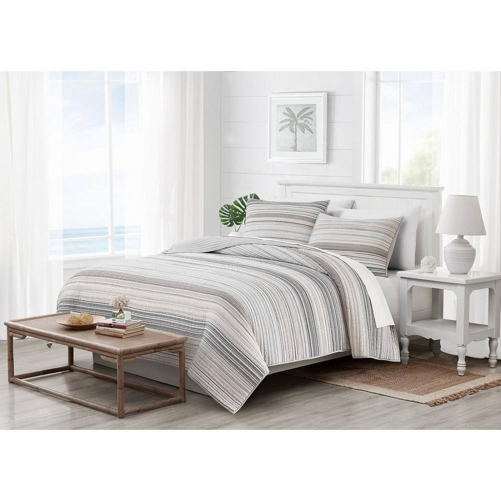 Gray Twin Microfiber Quilt Set with Striped Design