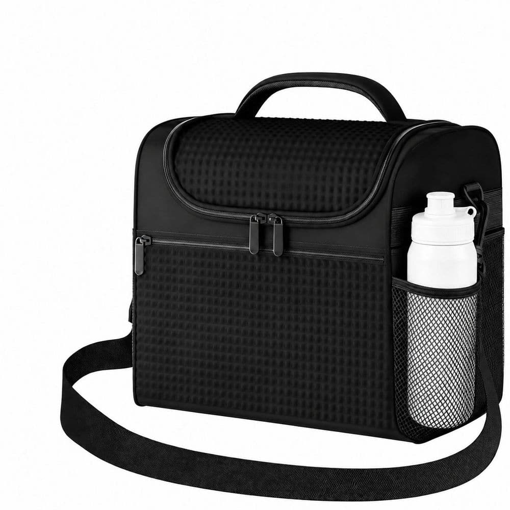 Deep Black Reusable Lunch Bag with Side Mesh Pocket, 12.8L Insulated Cooler Tote for Work and Travel