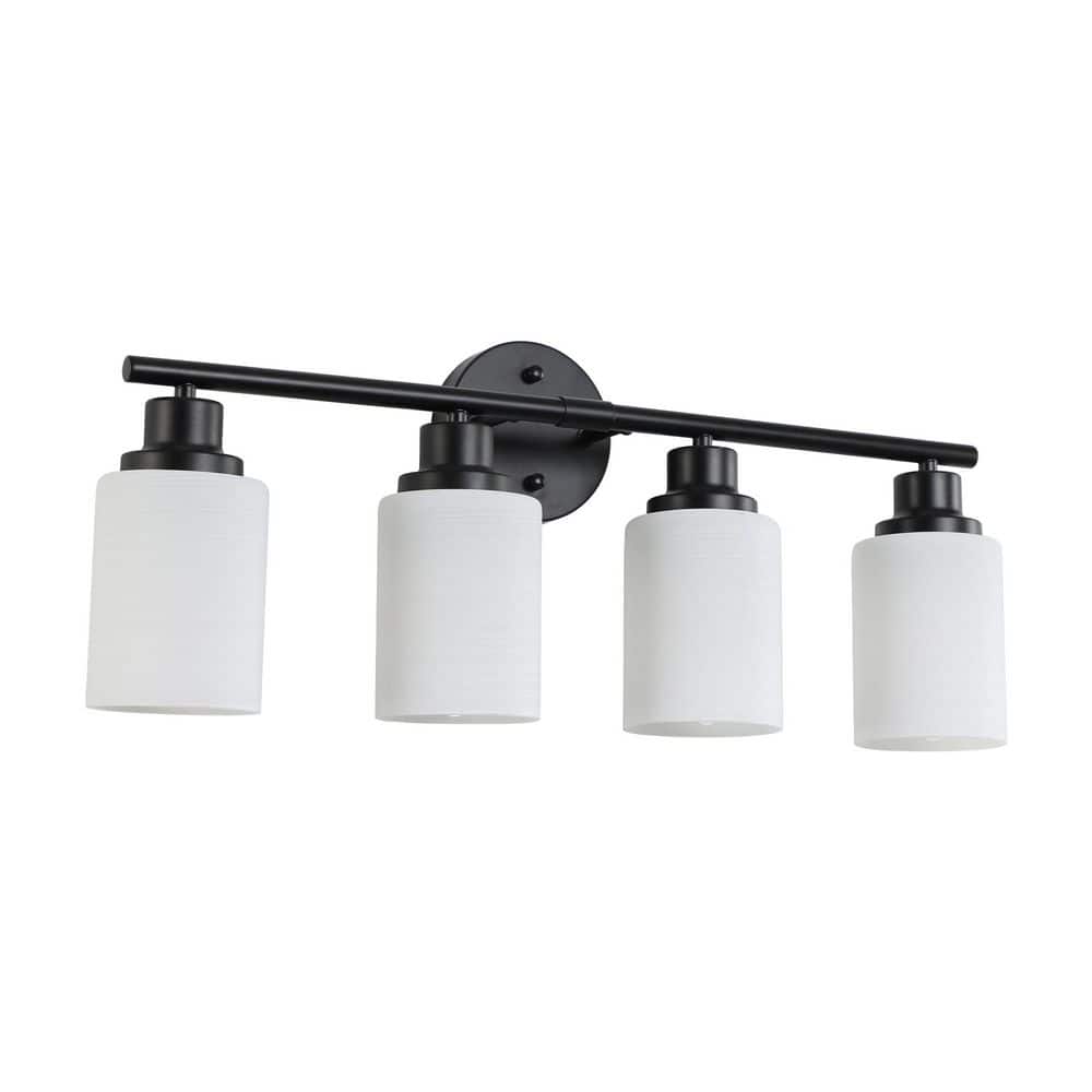 24.4 in. 4-Light Modern Black Wall Bathroom Mirror Vanity Light with Froste