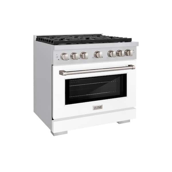 ZLINE Kitchen and Bath 36 in. 6 Burner Freestanding Gas Range & Convection Gas Oven with White Matte Door in Stainless Steel