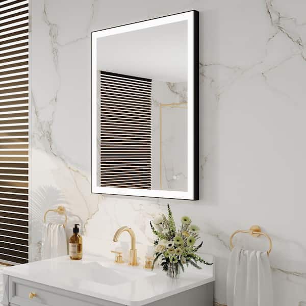 28 in. W x 36 in. H Rectangular Aluminum Framed Wall Mount LED Light Bathroom Vanity Mirror in Black,Easy Installation