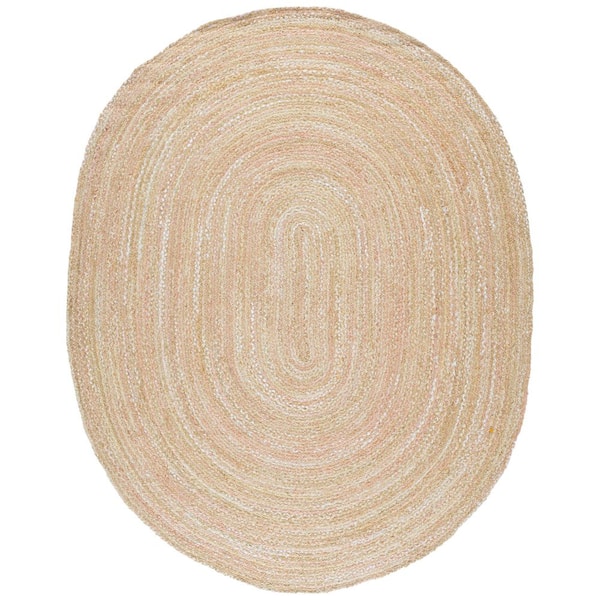 Braided 6 ft. x 8 ft. Oval Beige Solid Color Striped Area Rug