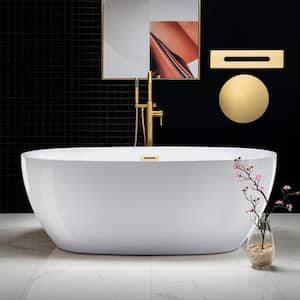 67 in. X 31.5 in. Acrylic FlatBottom Double Ended Soaking Bathtub in White with Brushed Gold Overflow and Drain