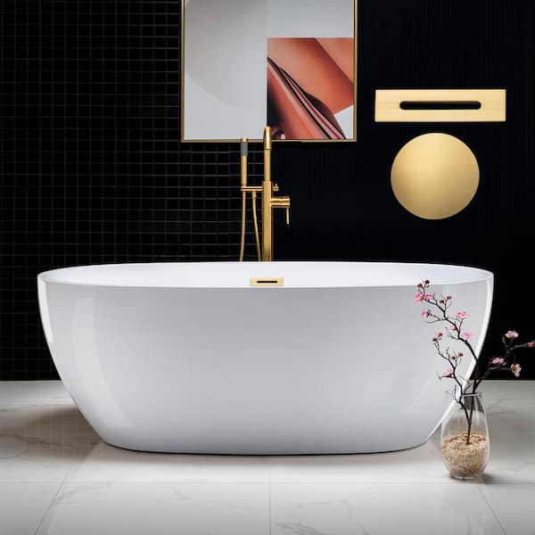 67 in. X 31.5 in. Acrylic FlatBottom Double Ended Soaking Bathtub in White with Brushed Gold Overflow and Drain