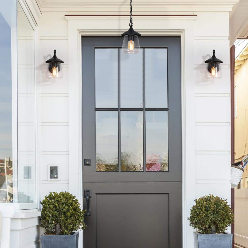 Matte Black Outdoor Pendant Light with Seeded Glass Shade