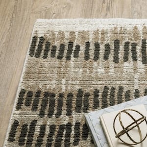 Beige Ivory Charcoal Brown Tan and Grey Abstract 2 ft. x 8 ft. Power Loom Stain Resistant Fringe with Runner Rug