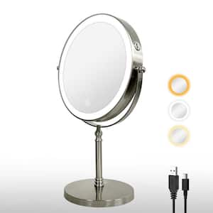 8 in. W x 8 in. H Round 10X Magnifying Double Sided Bathroom Makeup Mirror 3 Colors Touch Dimmable LED in Nickel