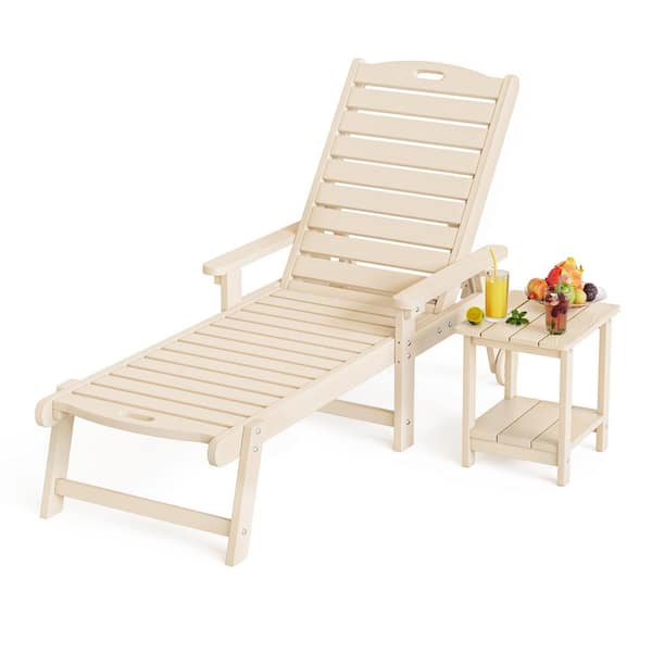 Hellen Keller Sand 2-Piece HDPS Plastic Adjustable Outdoor Patio Reclining Chaise Lounge Chair Set with Side Table