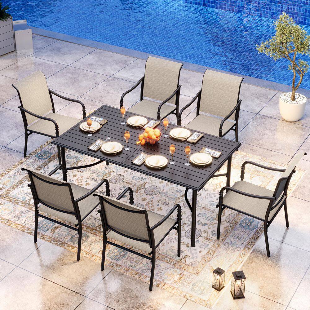 Black 7-Piece Metal Rectangle Patio Outdoor Dining Set with Slat Table and Gourd-Shaped Design Textilene Chairs price history on PriceWatchPro