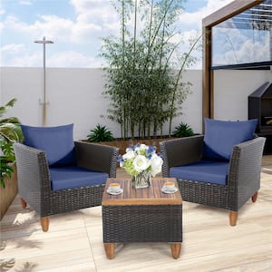 3-Piece Navy Rectangular Wood 16 in. Outdoor Bistro Table Set with Navy Cushion